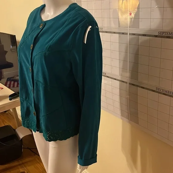 Vintage Koret Blazer Womens Blue Patchwork Crochet Retro 80s 90s Jacket L - Picture 2 of 8